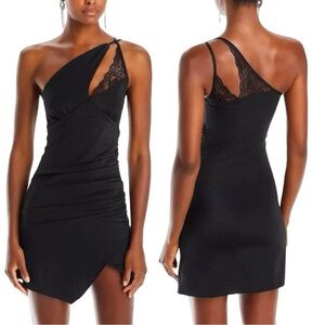 Fore Asymmetrical Lace Trim Cocktail Mini Dress XS Black One Shoulder Prom Party